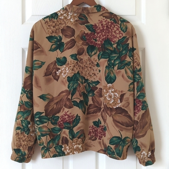Teddi 90's Vintage Floral Printed Lightweight Silky Zip Up Jacket Brown Green SP - Picture 13 of 14